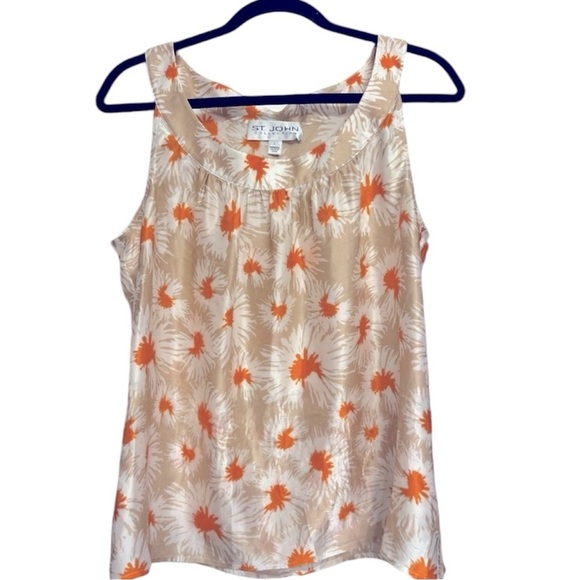 ST JOHN Sleeveless Silk Cream Orange Floral Blouse Tank Shirt Top Shell Luxury L - Picture 2 of 6